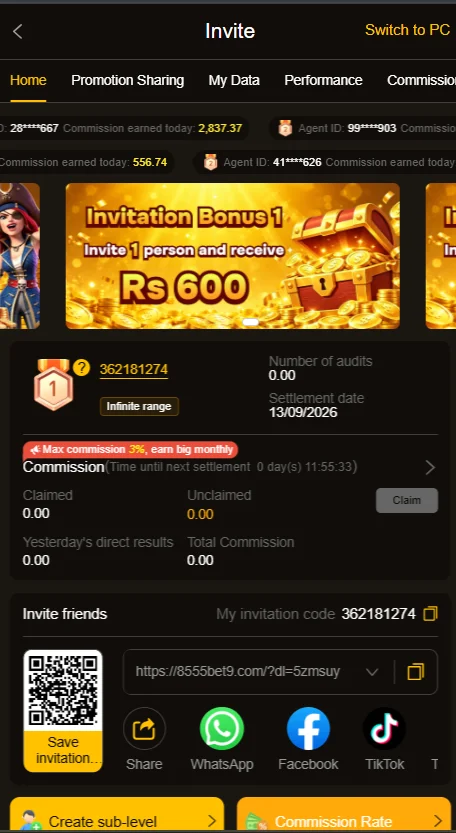 8555Bet Game Invitation Menu